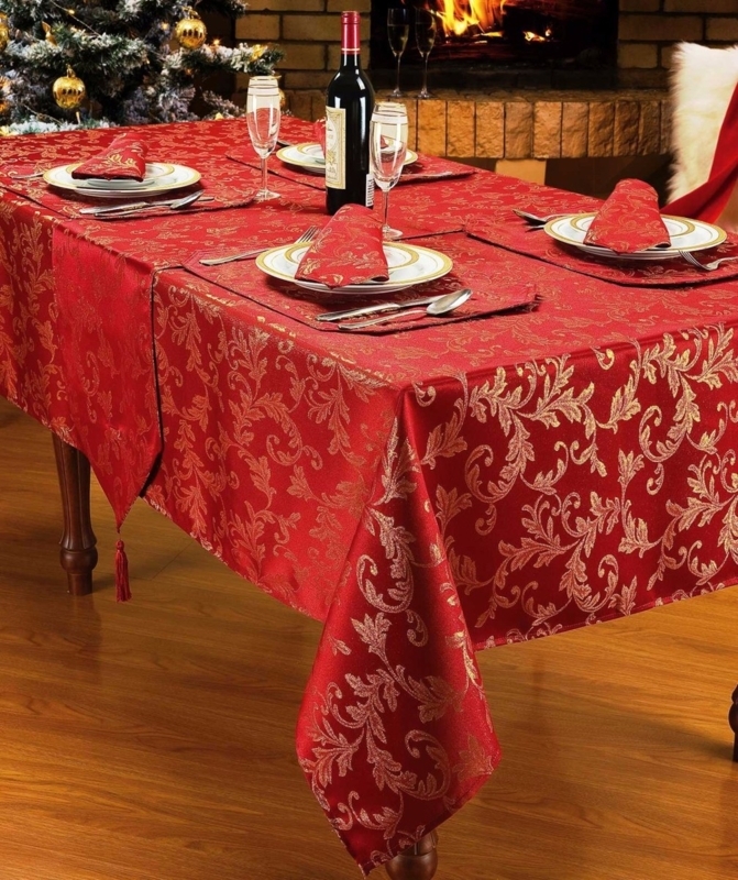 Tablecloth Set Red Gold Damask Scroll Pattern Satin-Like
