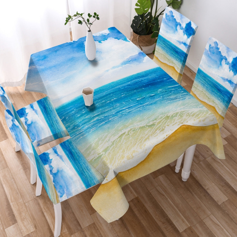 Tablecloth Set with Watercolor Panoramic Beach Scene Print