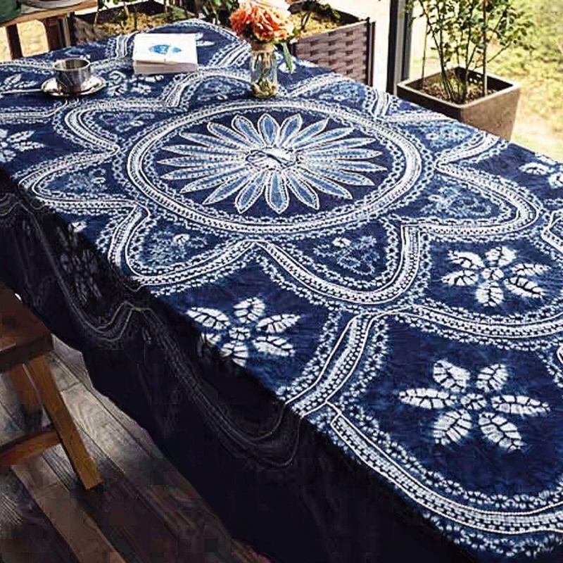 Tablecloth Shibori Pattern Indigo Blue Mandala Motif Bohemian Outdoor Decor