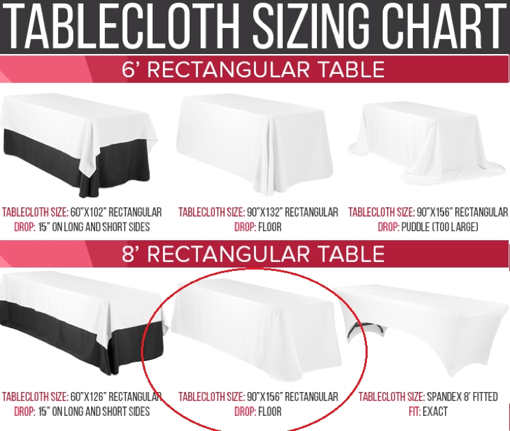 Tablecloth Sizing Chart 8 Foot Rectangular Floor Drop White Polyester