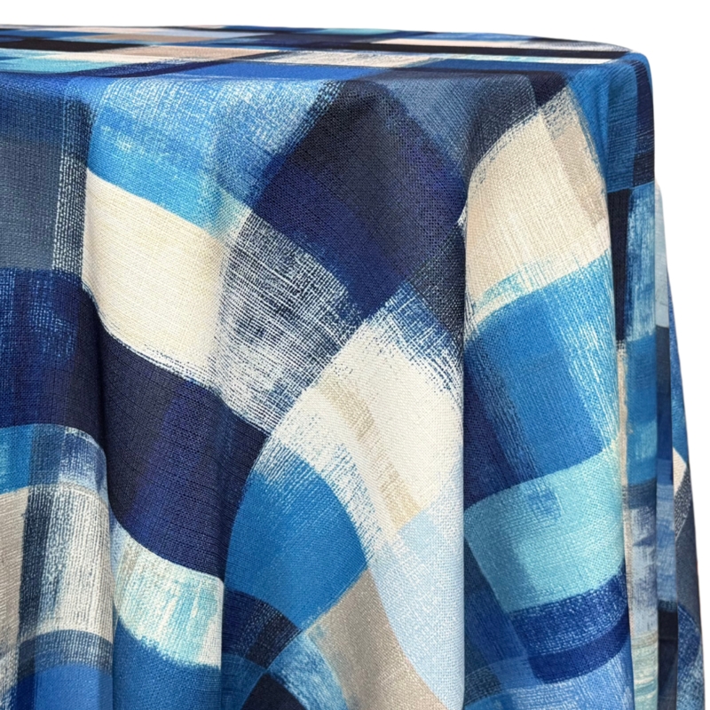 Tablecloth Slub Print Texture Abstract Plaid Blue Modern Coastal Round