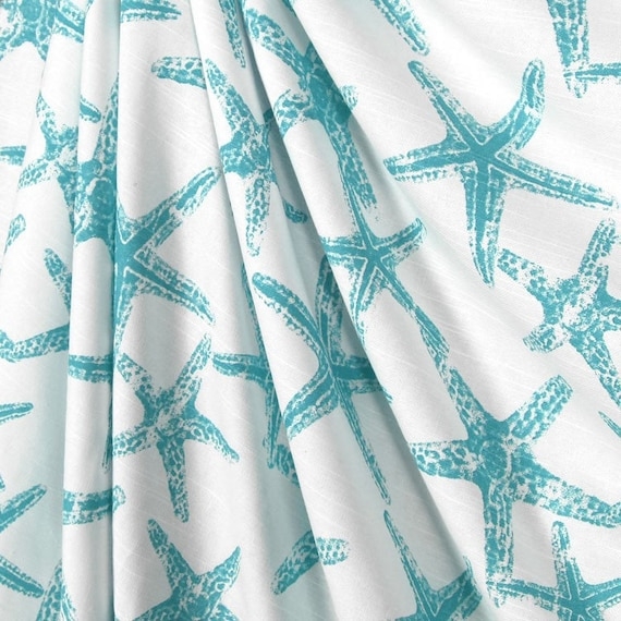 Tablecloth Slub Texture Woven Fabric Aqua Starfish, Beachy Print Linens