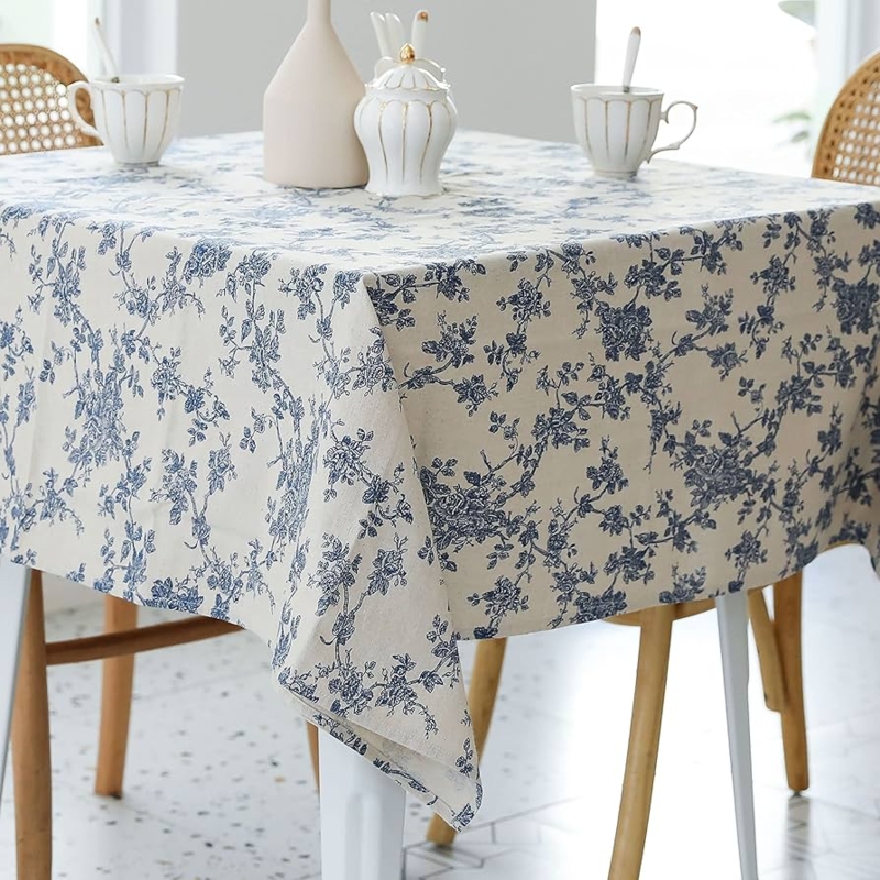 Tablecloth Square Floral Vine Pattern Navy On Cream Cottagecore