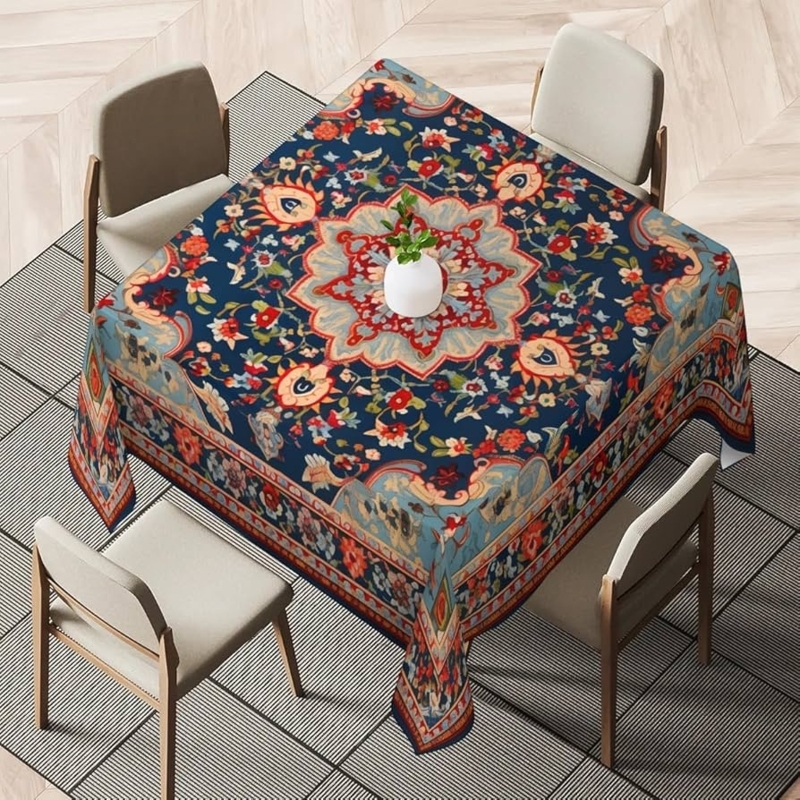 Tablecloth Square Ornate Floral Medallion Navy Blue Vintage Bohemian