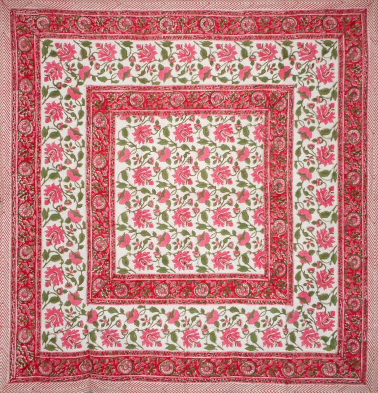 Tablecloth Square Pink Floral Block Print Multi Layered Border