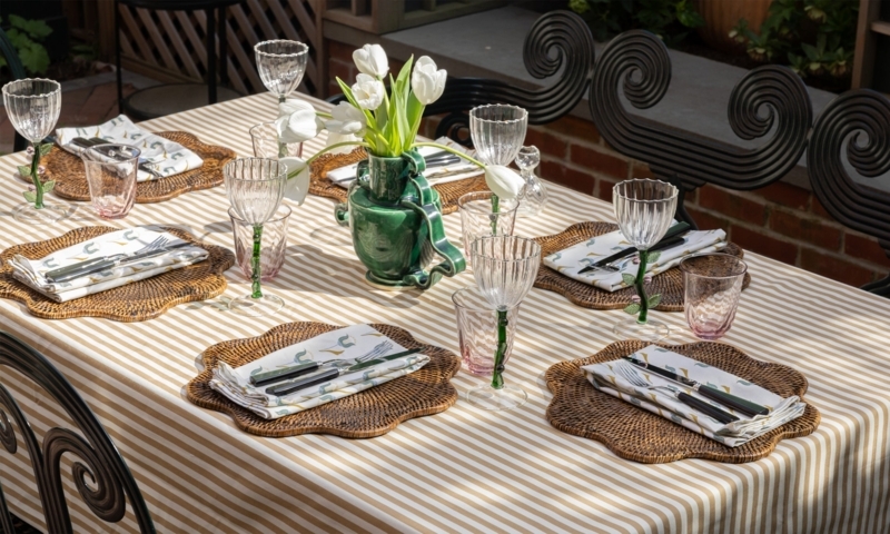 Tablecloth Striped Pattern Camel White Garden Party Elegant Dining Linens