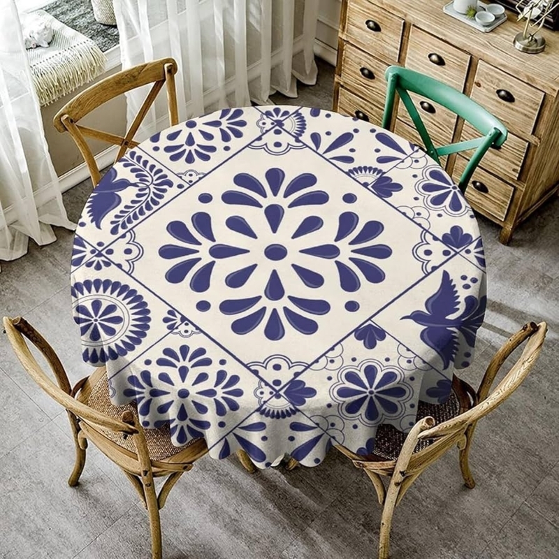 Tablecloth Talavera Style Print Floral Bird Motifs Round Table Cover
