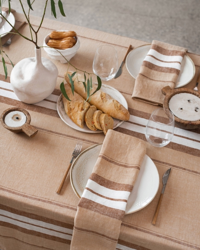 Tablecloth Tan Brown Horizontal Stripes Linen Like Earth Toned Rustic