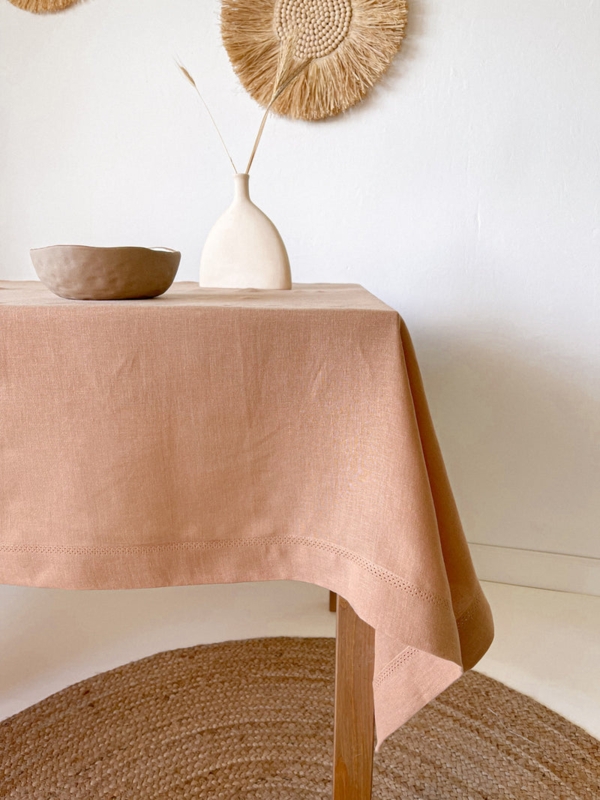 Tablecloth Tan Hemstitch Linen Border Boho Minimalist Decor