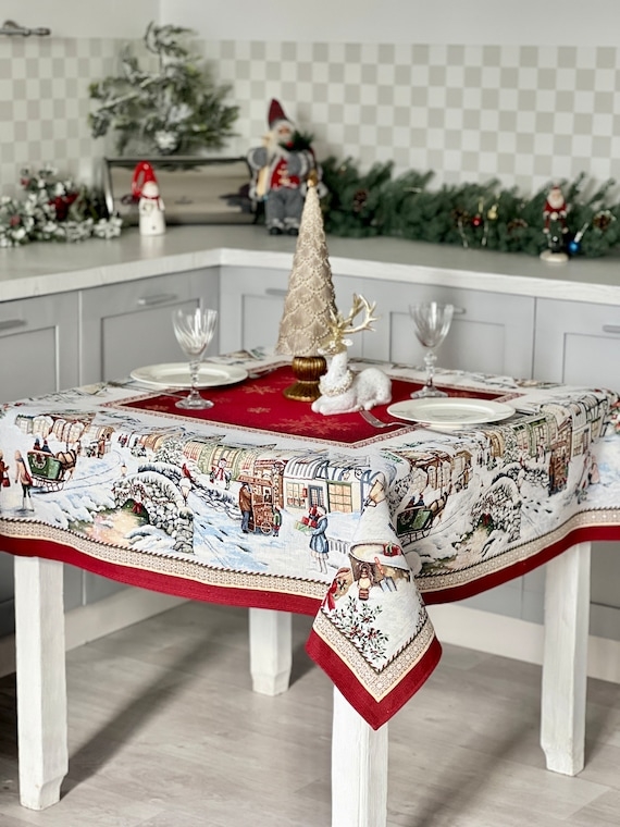 Tablecloth Tapestry Style Winter Village Scenic Border Red Center Square