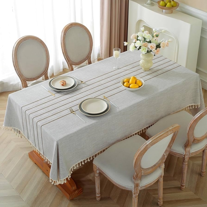 Tablecloth Tassel Fringe Gray Chain Link Embroidery Farmhouse Linen Look
