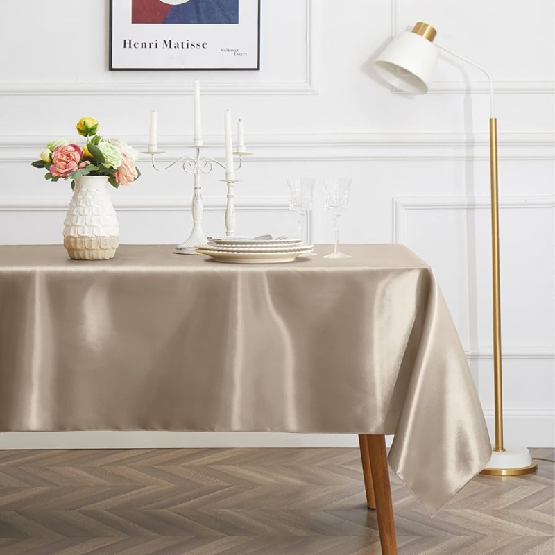 Tablecloth Taupe Satin Sheen Classic Elegant Dining Setting