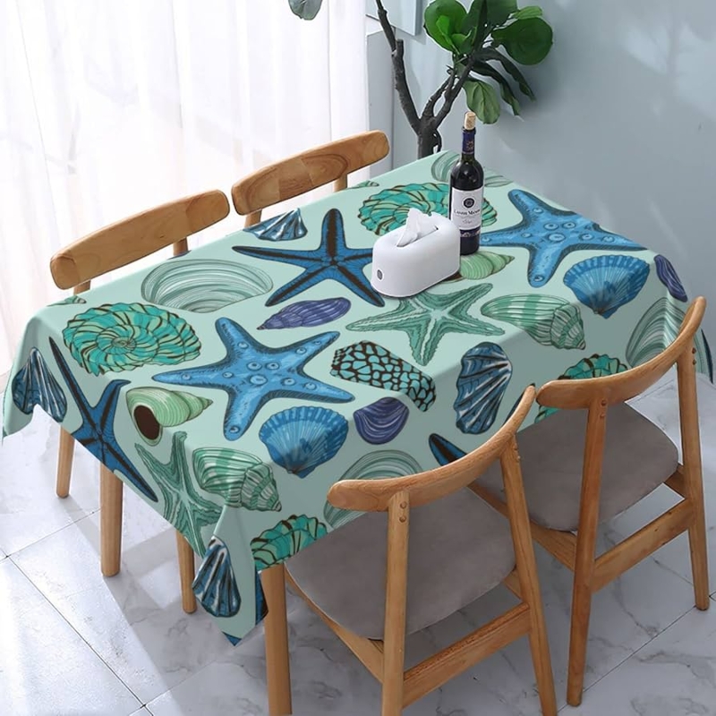 Tablecloth Teal Starfish Print Fabric Like, Oceanic Color Palette Decor