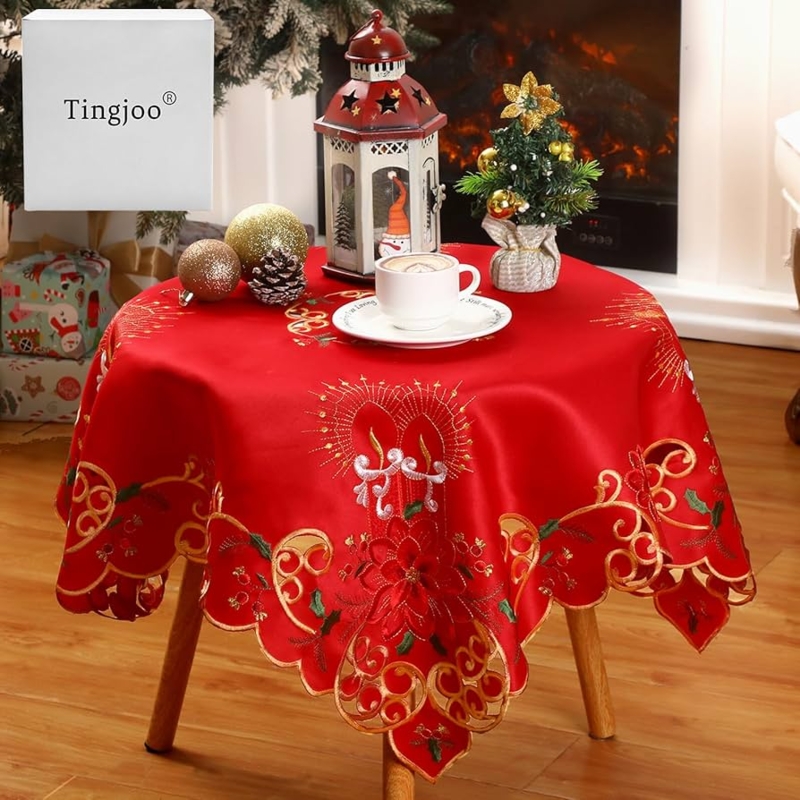 Tablecloth Topper Red Embroidered Poinsettia Scalloped Cutwork Edges