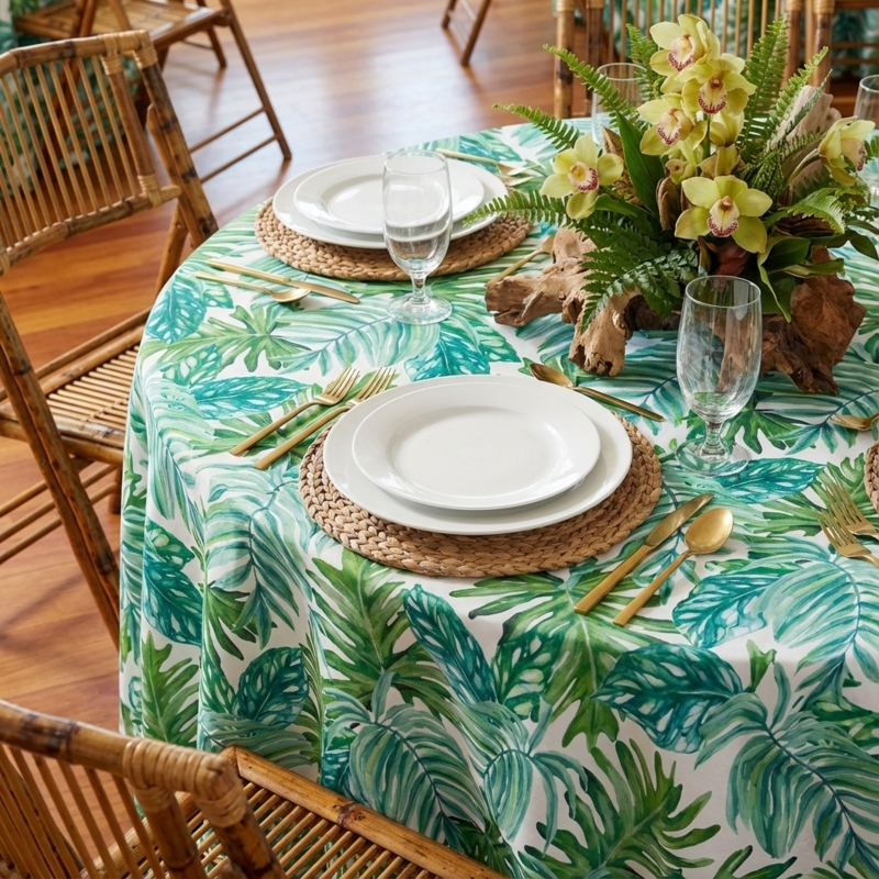 Tablecloth Tropical Green Monstera Leaf Print Boho Coastal Dining