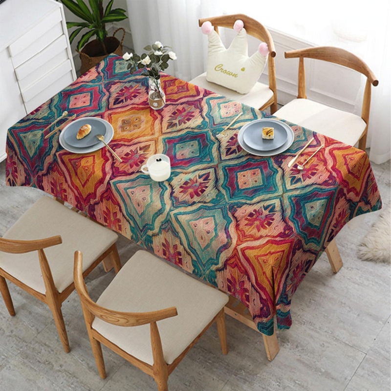 Tablecloth Vibrant Geometric Print Bohemian Eclectic Colorful Kaleidoscopic