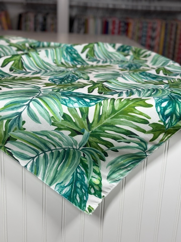Tablecloth Vibrant Green Teal Tropical Leaf Print White Base Serged Hem