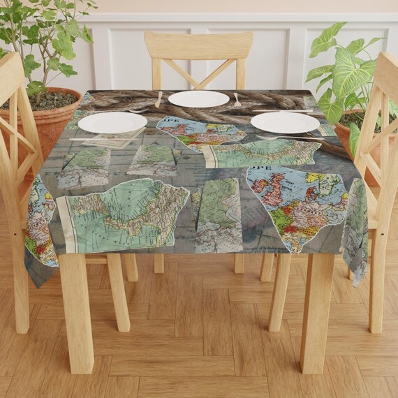Tablecloth Vintage Map Collage Rope Border, Muted Earthy Palette Decor