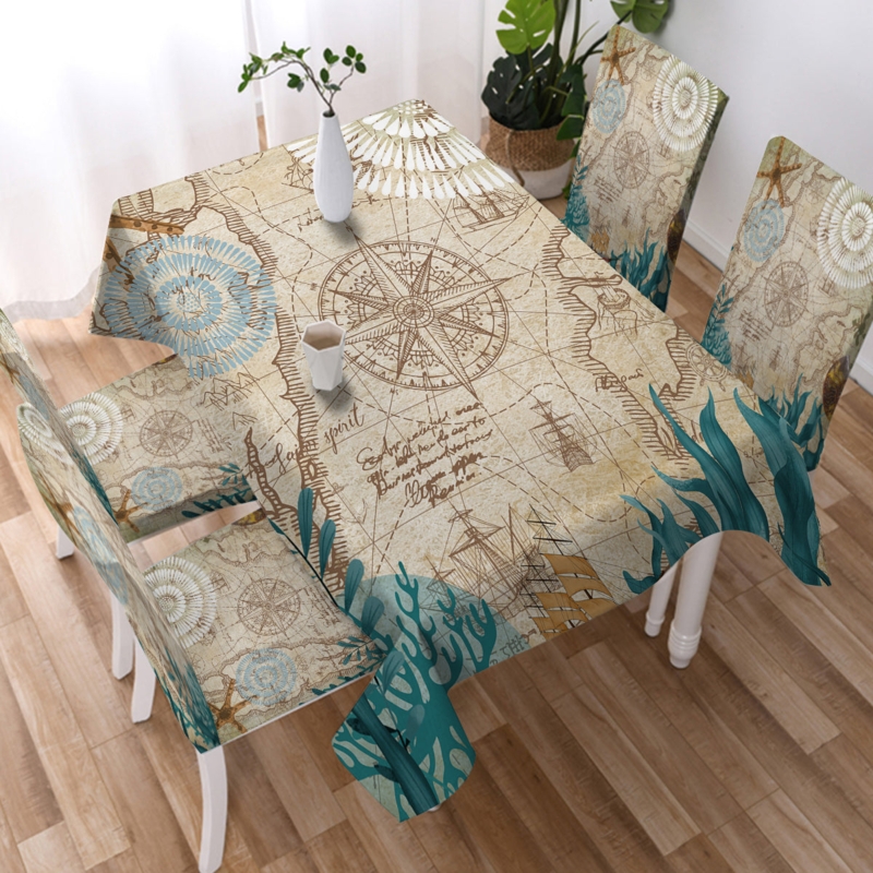 Tablecloth Vintage Nautical Chart Print, Teal Seaweed Accents Decor