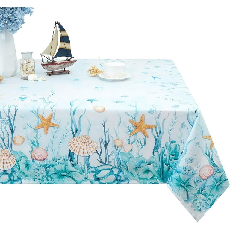 Tablecloth Watercolor Style Coastal Motif, Ocean Motif Rectangular Linen