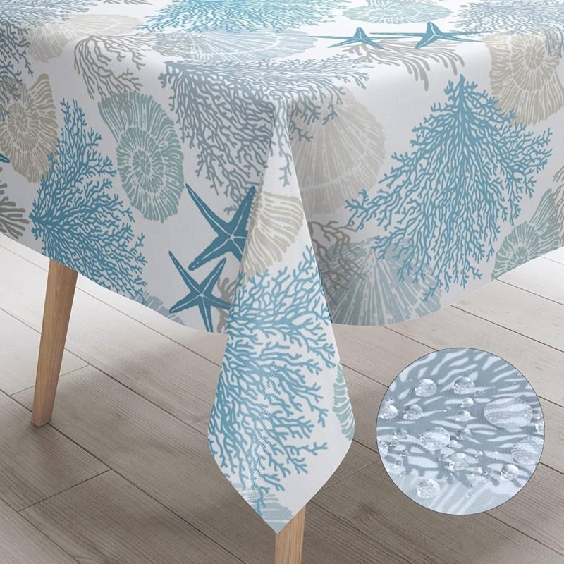 Tablecloth Waterproof Coastal Shell Motif, Spill Resistant Beach Linens