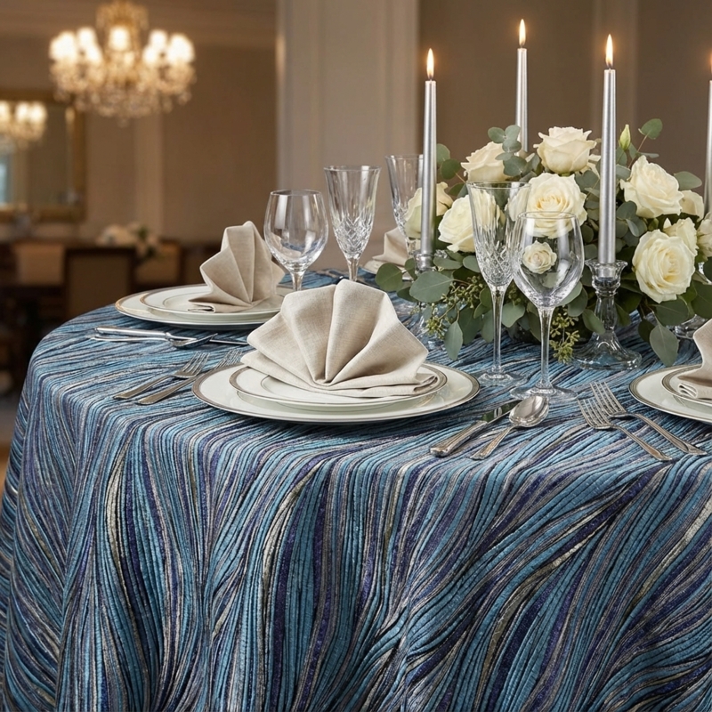 Tablecloth Wavy Jacquard Texture Shimmering Blue Finish Formal Elegant Setting