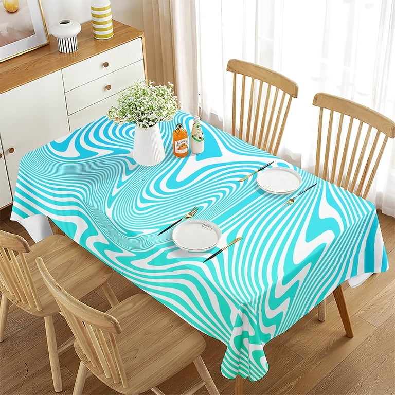 Tablecloth Wavy Line Pattern Aqua White Abstract Contemporary Rectangular