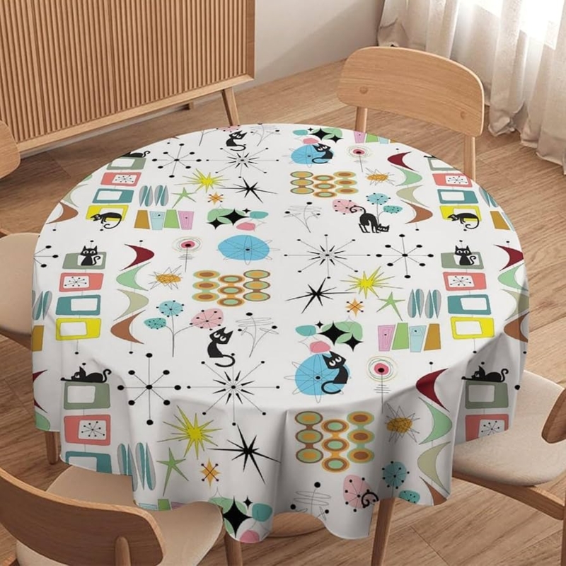 Tablecloth Whimsical Cat Motif Retro Atomic Starburst Round Shape White