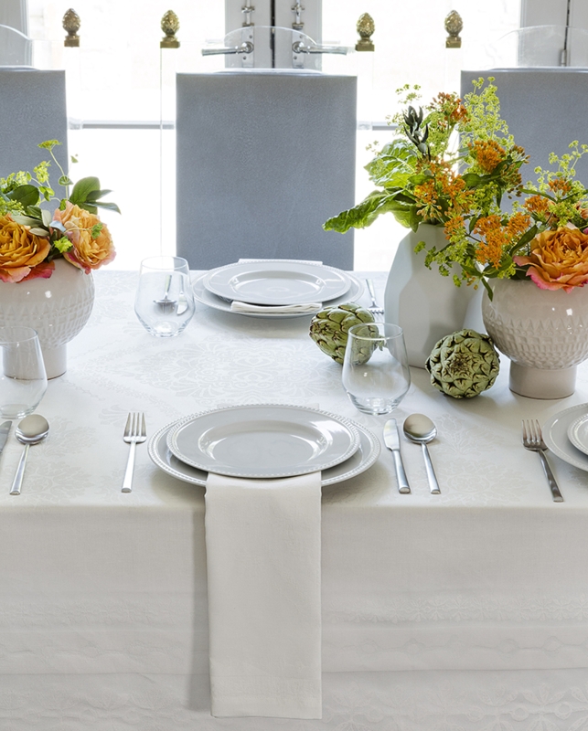 Tablecloth White Damask Beaded Rim Plates Artichoke Decor