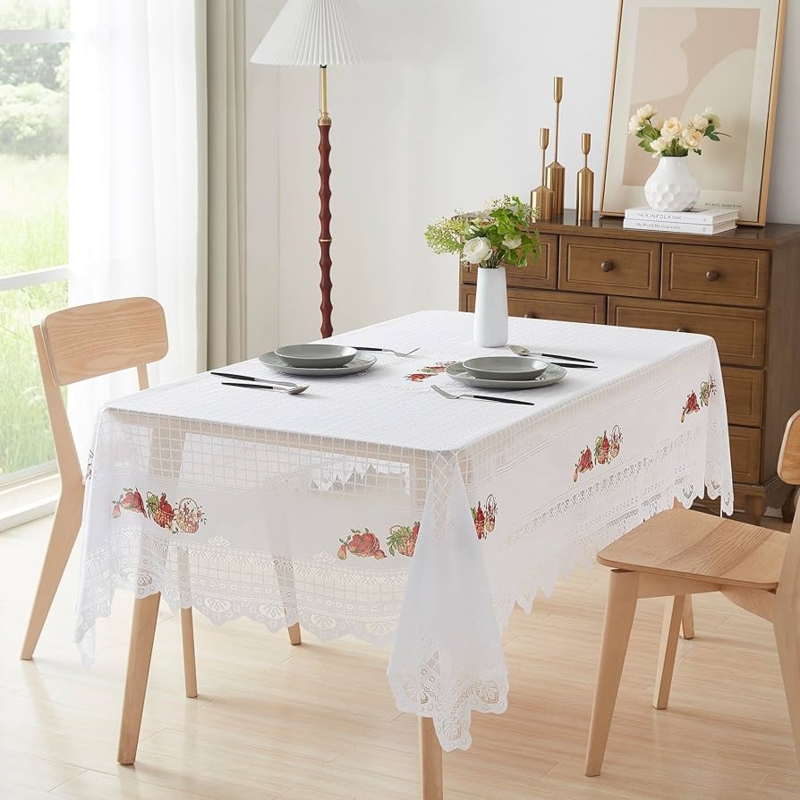 Tablecloth White Embroidered Fruit Baskets Scalloped Lace Trim