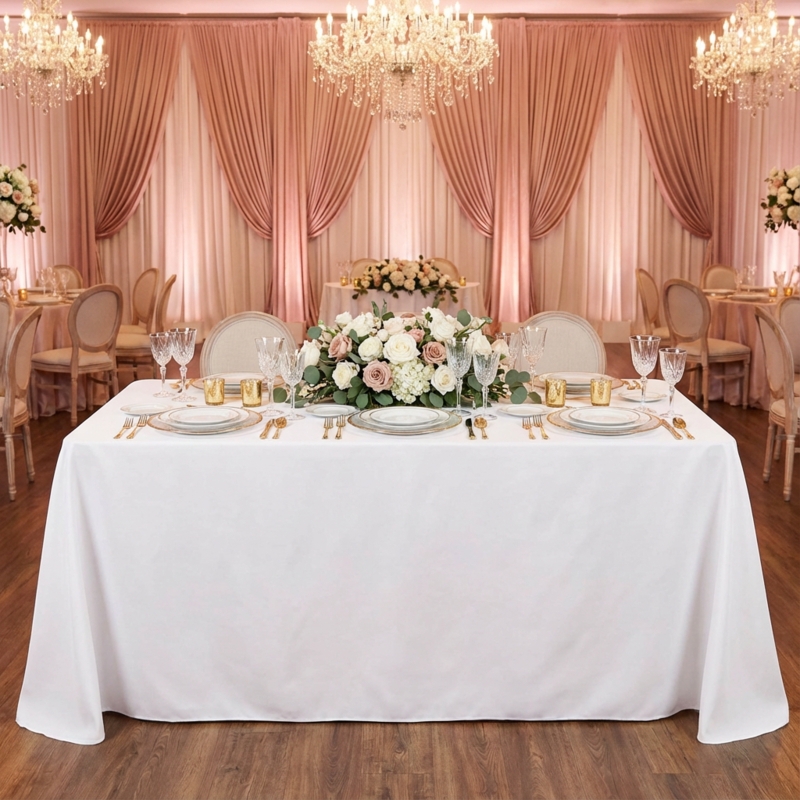 Tablecloth White Floor Length Crisp Fabric Romantic Wedding Tablescape