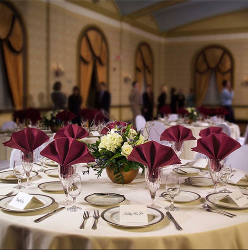 Tablecloth White Floor Length with Maroon Fan Folded Napkins