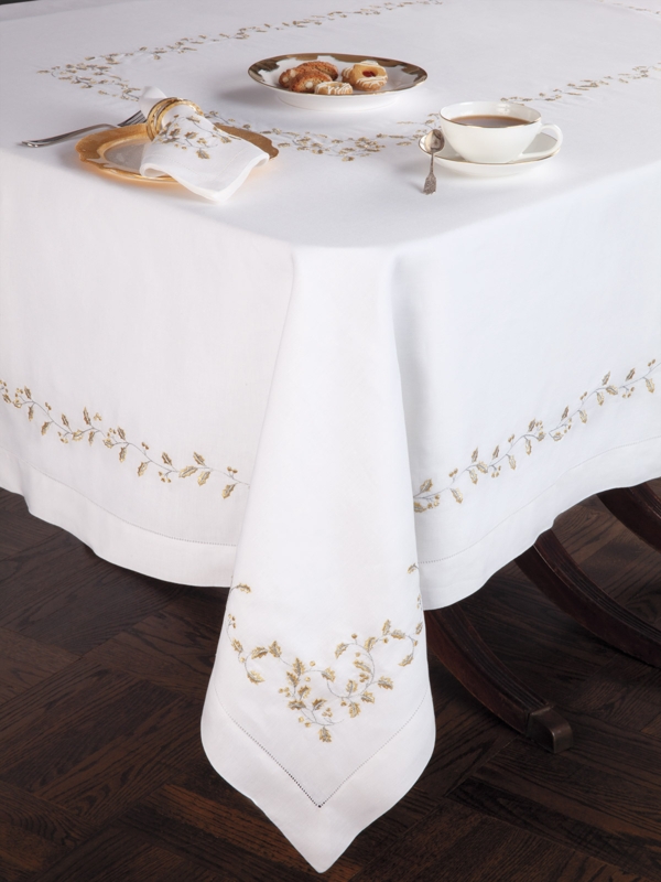 Tablecloth White Gold Holly Embroidery Hemstitched Border