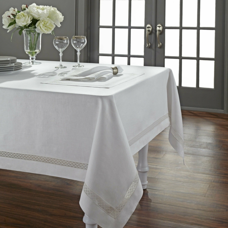 Tablecloth White Lattice Trim Matching Napkin Linen-Like Traditional Decor