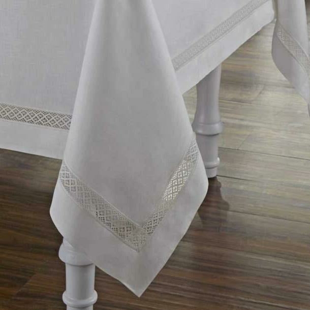Tablecloth White Linen-Like Geometric Lace Border Mitered Corner Detail