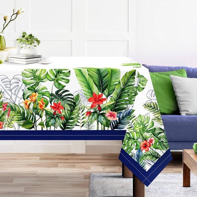 Tablecloth White Navy Border Monstera Leaf Print Summer Botanical