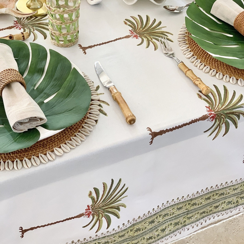 Tablecloth White Olive Palm Tree Block Print Woven Texture Boho