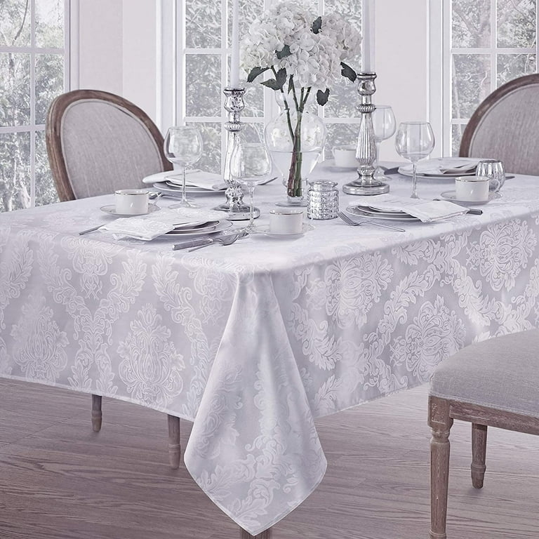 Tablecloth White on White Scrolling Floral Damask Elegant Table Ideas