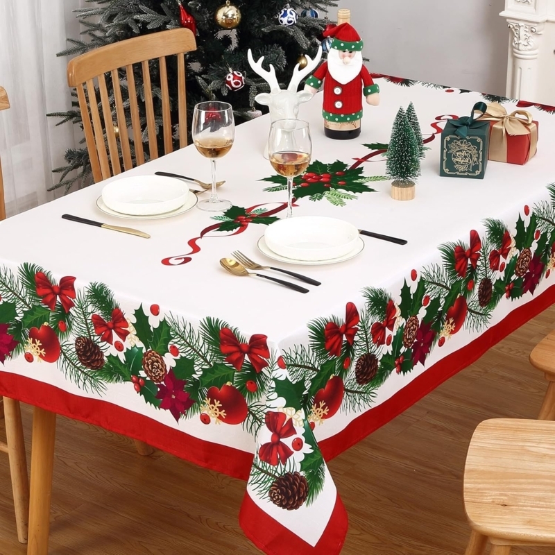 Tablecloth White Pinecone and Bow Border Wide Red Hem Trim