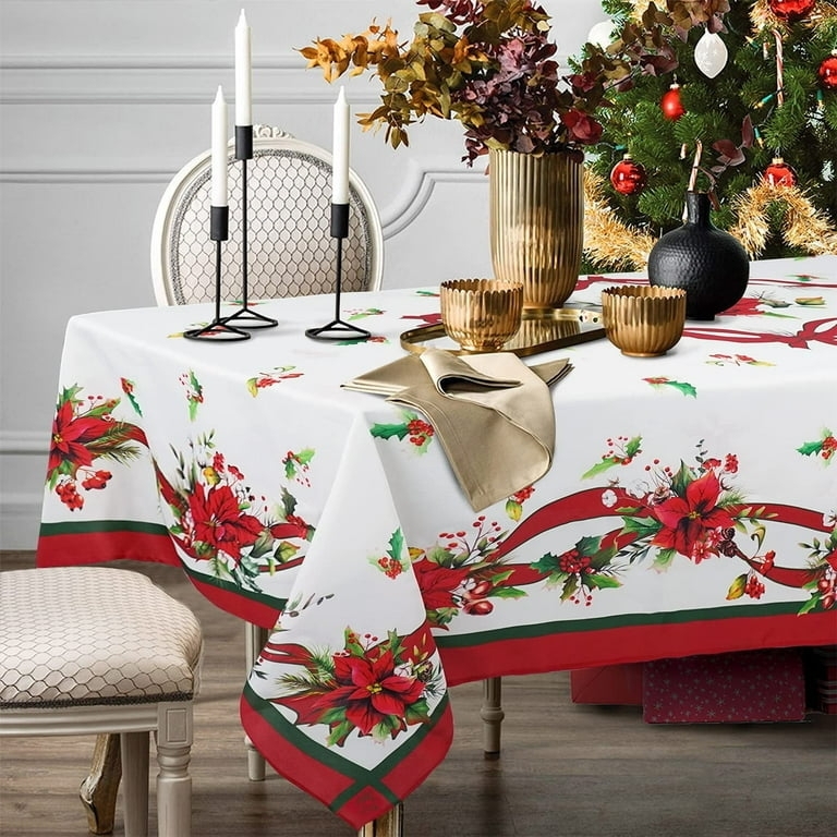 Tablecloth White Red Poinsettia Floral Print Striped Border