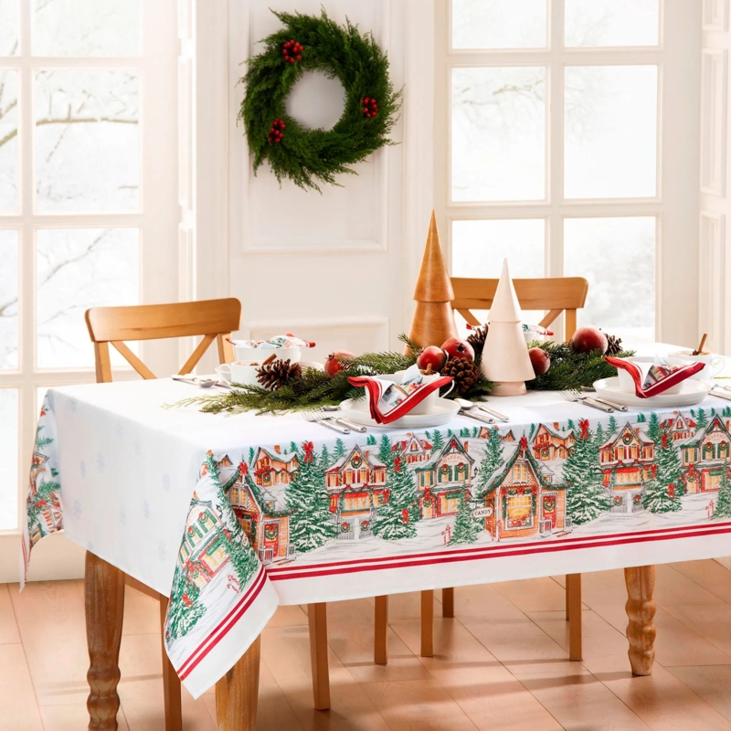 Tablecloth White Traditional Illustrated Christmas Village Border