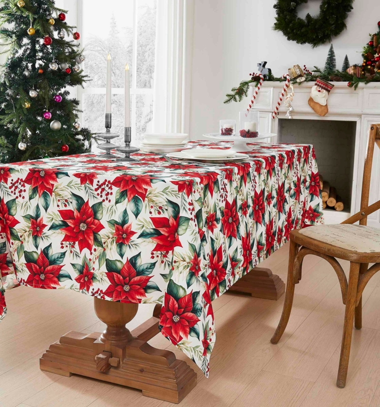 Tablecloth White Traditional Vibrant Red Poinsettia Pattern