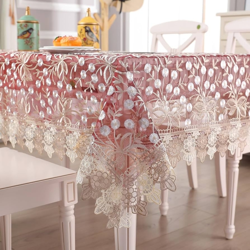 Tablecloth Wine Red Lace Floral Embroidery Scalloped Hem Vintage