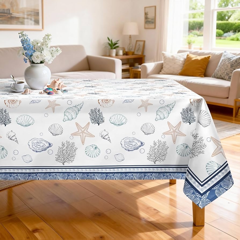 Tablecloth with Blue Seashell Border and Coastal Motif
