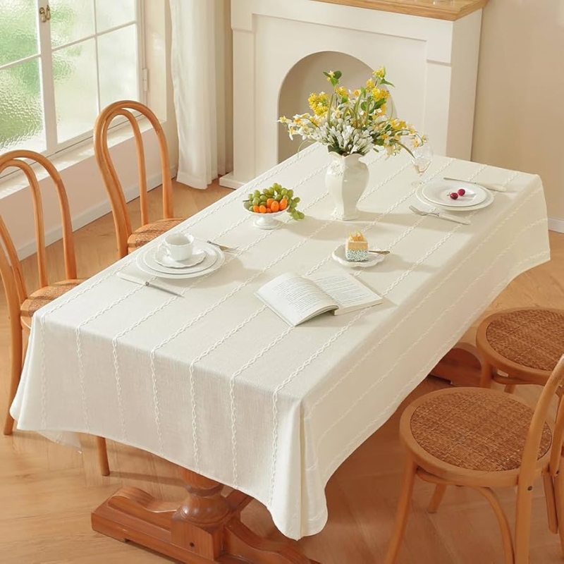 Tablecloth with Cream Cable Knit Detail, Linen-Like for Farmhouse Dining