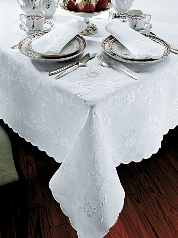Tablecloth with Scalloped Edge and Tone-On-Tone Floral Embroidery