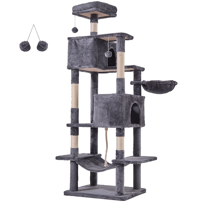 Tall 70-Inch Gray Cat Tower with Hanging Basket and Dual Enclosed Condos