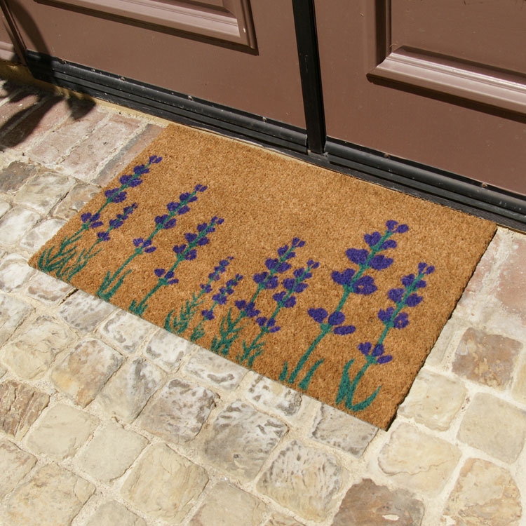 Tan Coir Doormat Lavender Sprigs Print Coarse Texture Rustic Outdoor