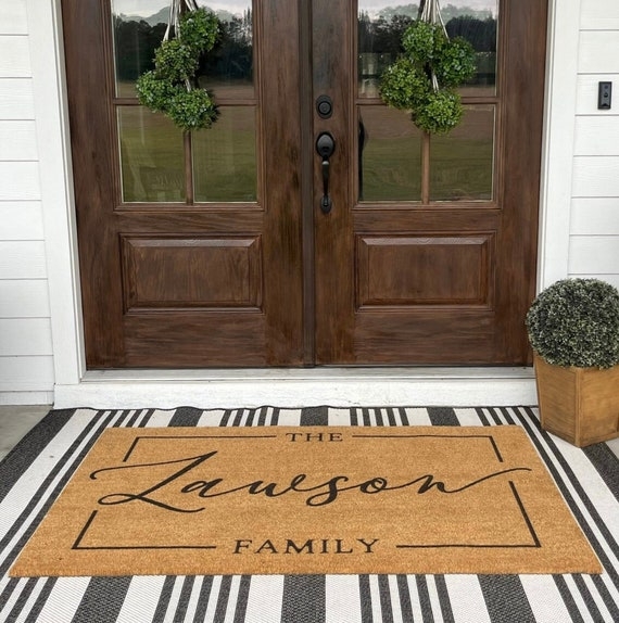 Tan Coir Doormat Personalized Script Lettering Family Name Mat