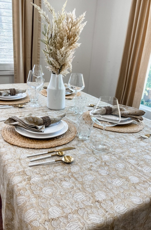 Tan Floral Block Print Tablecloth, Boho Chic Dining